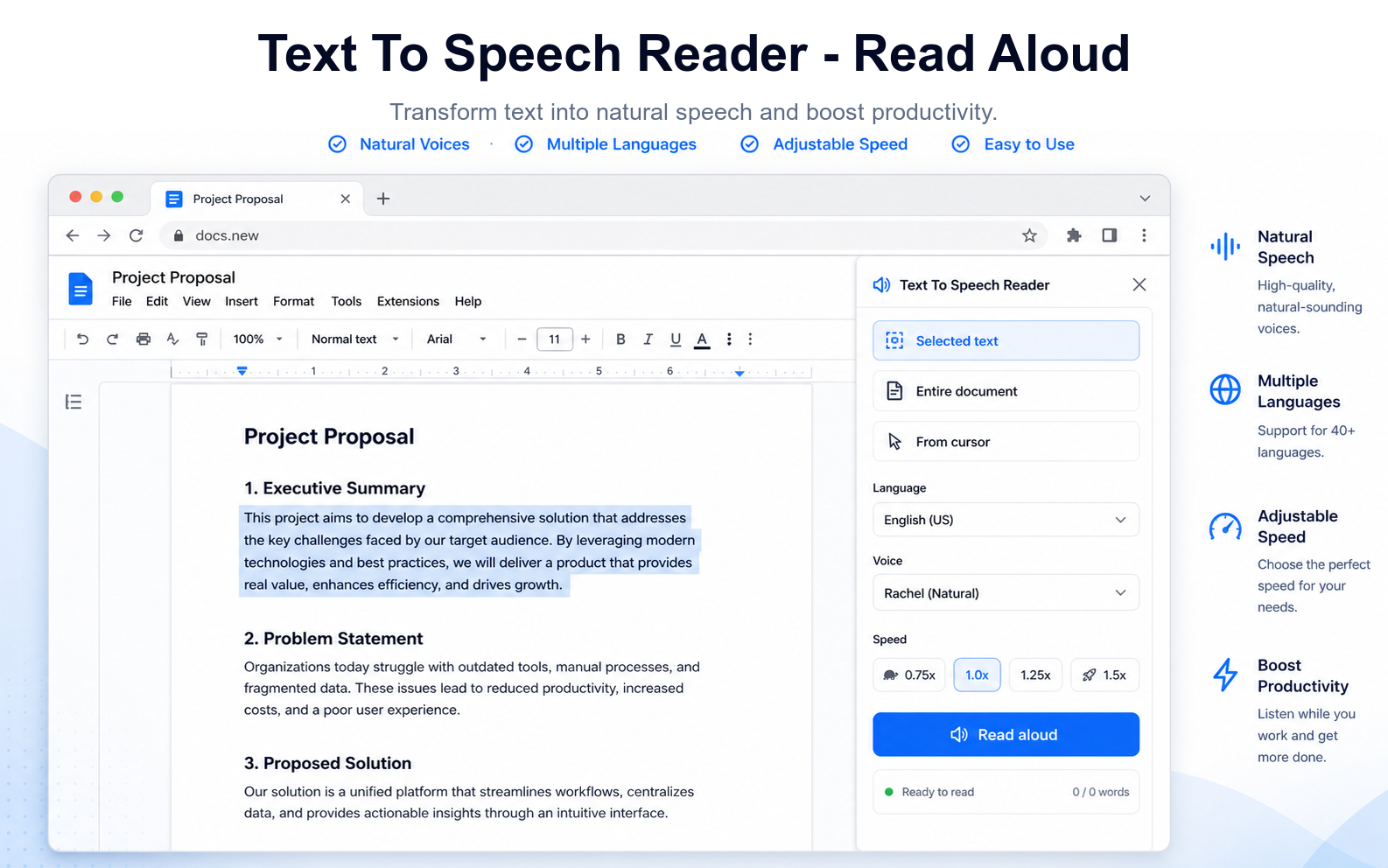 Preview of a Google Docs text-to-speech add-on sidebar